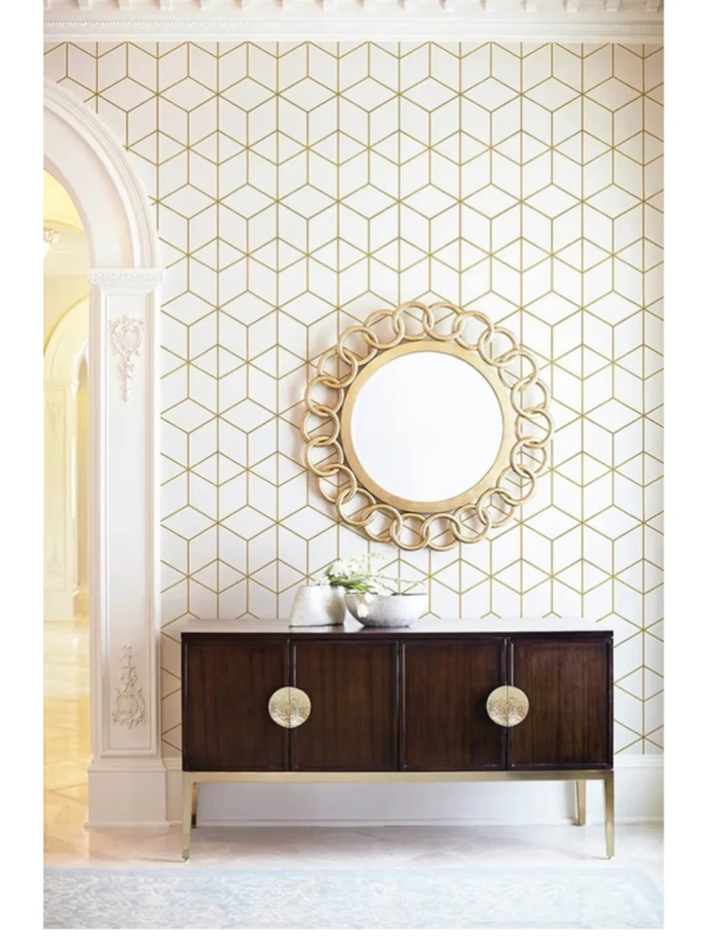 NEW Gold White Geometric Peel & Stick Adhesive Removable Wallpaper 17.3